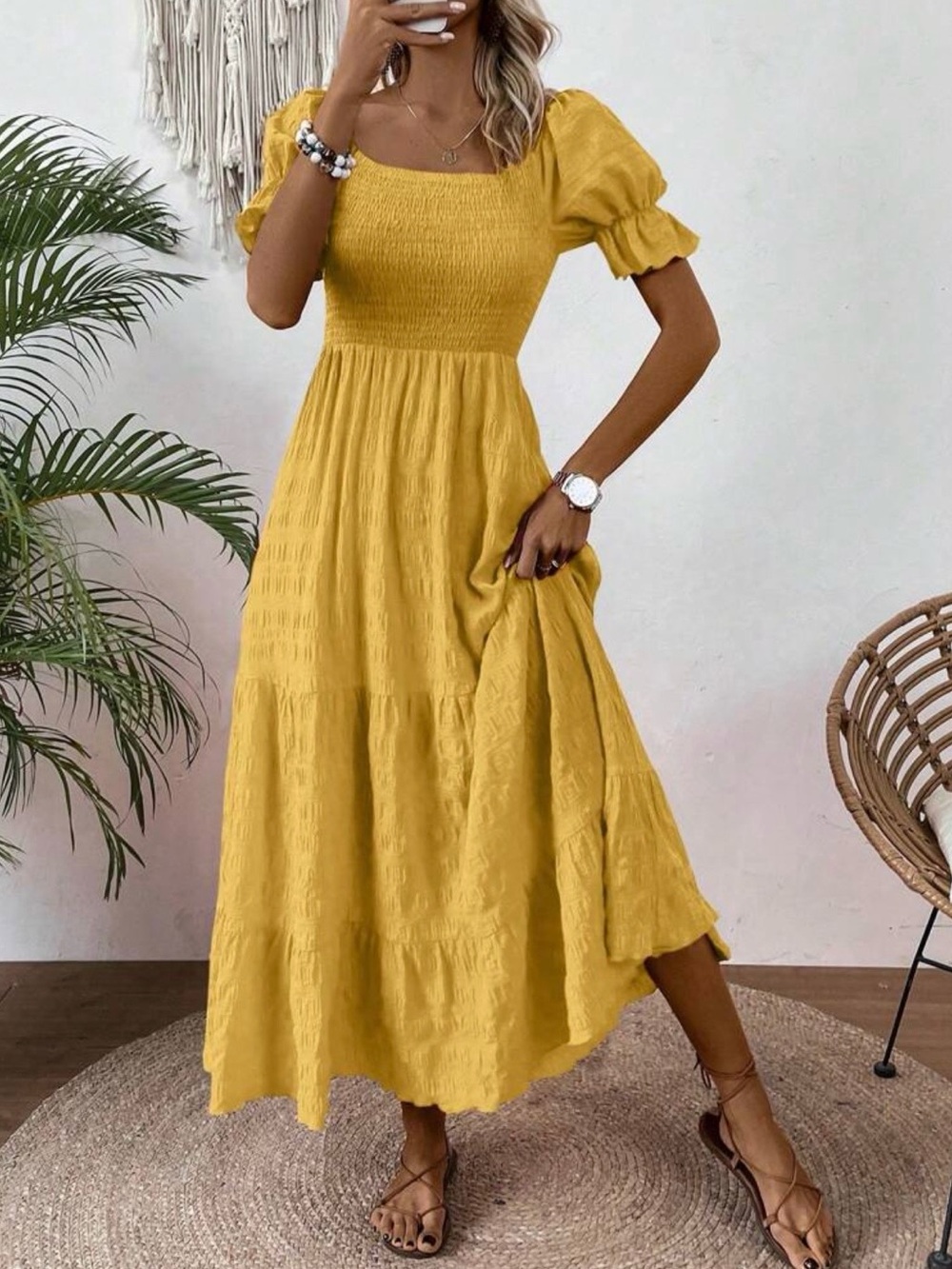 Smocked Square Neck Mustard Maxi Dress